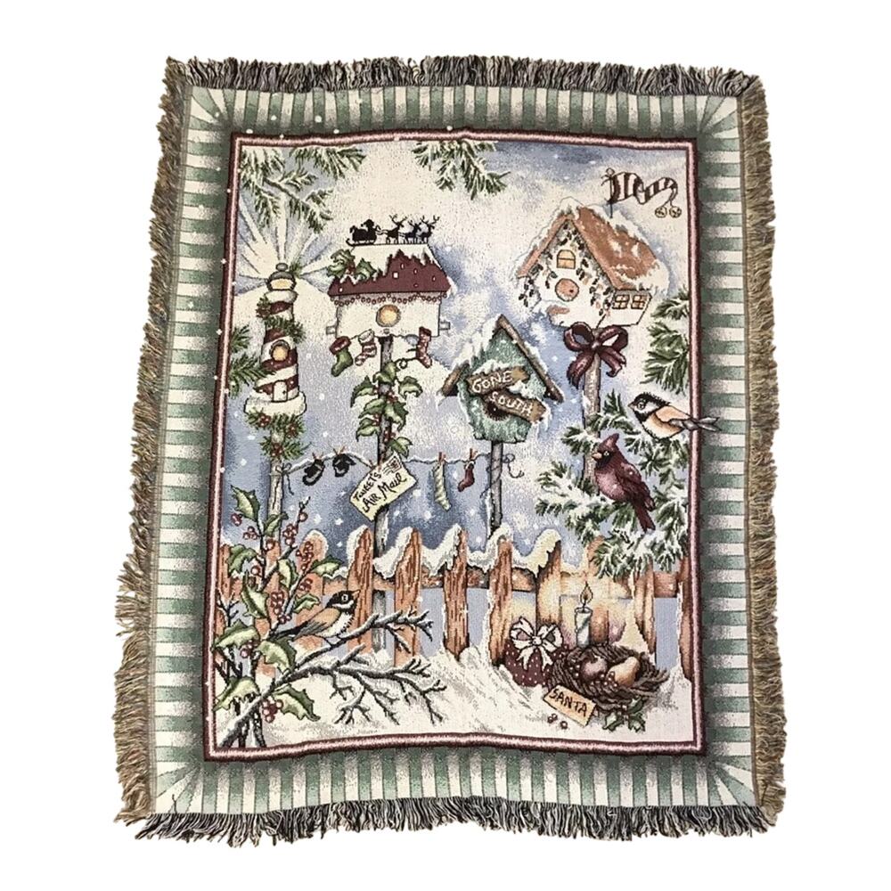 Winter Cardinal Christmas Tapestry Blanket Throw Room Decor Blue Green Fringe